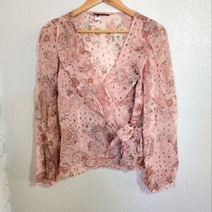 y2k Tapemeasure Silk Floral Ruffle Wrap Blouse sz 10 Pink Romantic Chic Coquette